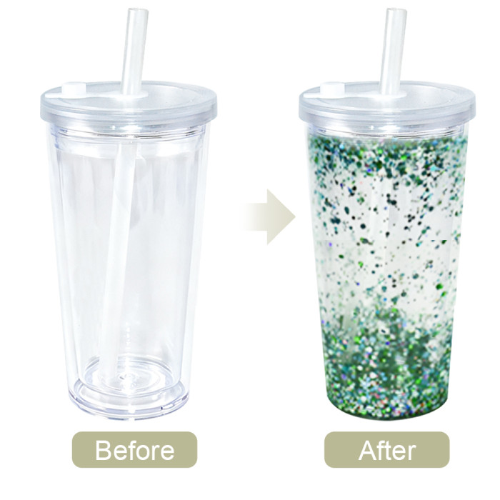 US warehosue 16oz Acrylic Clear Snow Globe Cup with Cler leakproof lid+straw,pre-hole with plug