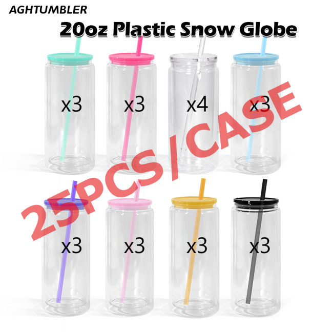 US Warehouse 20oz Double Wall clear Acrylic plastic snow globe Cup with colored lids/Straw,pre-hole