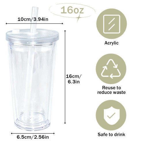 US warehosue 16oz Acrylic Clear Snow Globe Cup with Cler leakproof lid+straw,pre-hole with plug