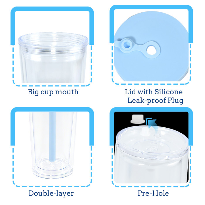 US warehosue 24oz Double Wall Acrylic Clear Snow Globe Cup with Colored leakproof lid+straw,pre-hole with plug