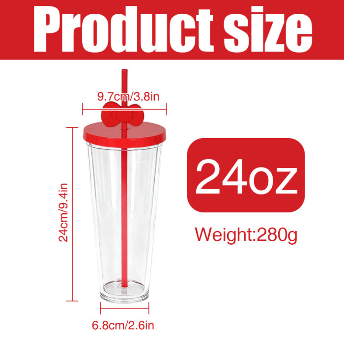 US warehosue 24oz Double Wall Acrylic Clear Snow Globe Plastic Cup Straw with Bowknot