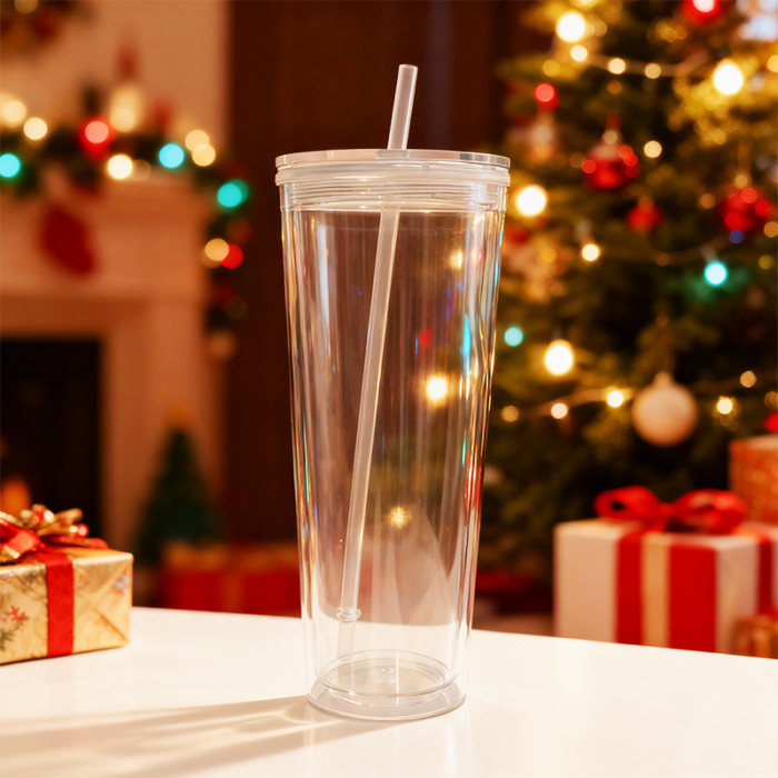 US warehosue 24oz Double Wall Acrylic Clear Snow Globe Plastic Cup Mixed Colored Lid+Straw