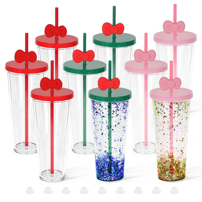 US warehosue 24oz Double Wall Acrylic Clear Snow Globe Plastic Cup Straw with Bowknot