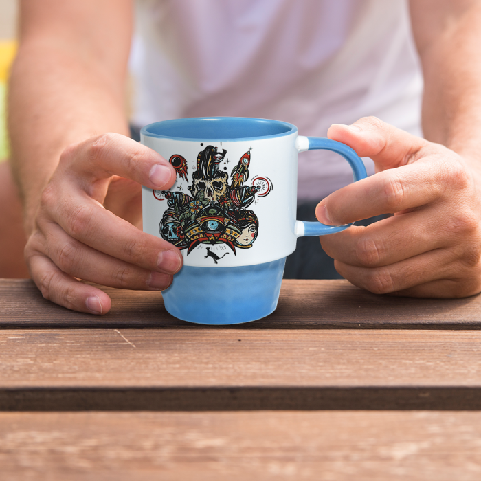 US Warehouse 11oz sublimation Stackable ceramic coffee mug with colored inside and colored handle