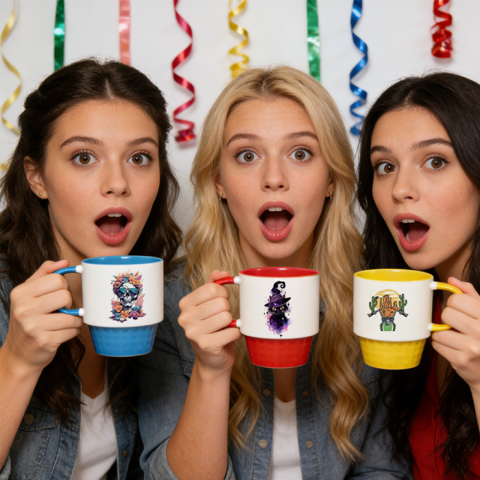 US Warehouse 11oz sublimation Stackable ceramic coffee mug with colored inside and colored handle