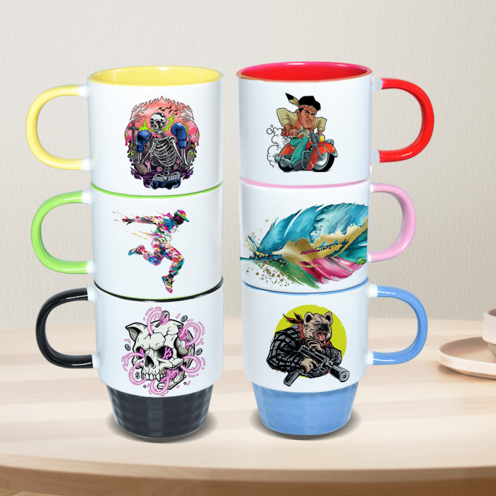 US Warehouse 11oz sublimation Stackable ceramic coffee mug with colored inside and colored handle