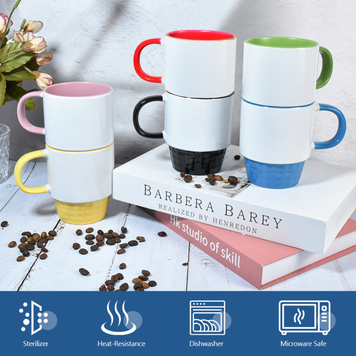 US Warehouse 11oz sublimation Stackable ceramic coffee mug with colored inside and colored handle