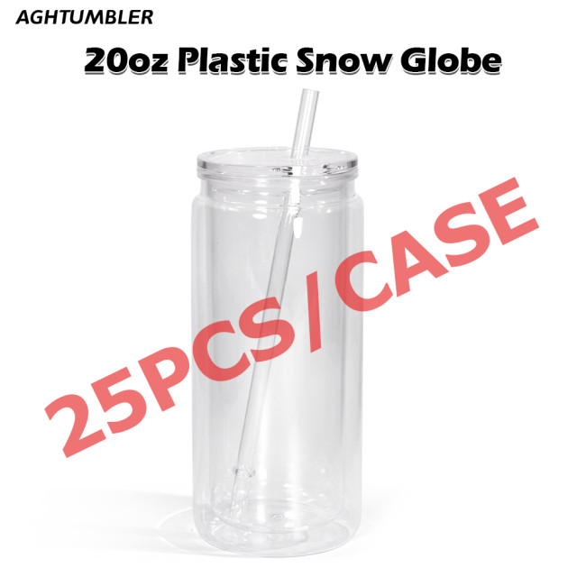US Warehouse 20oz Double Wall clear Acrylic plastic snow globe Cup with clear lid+straw,pre-hole