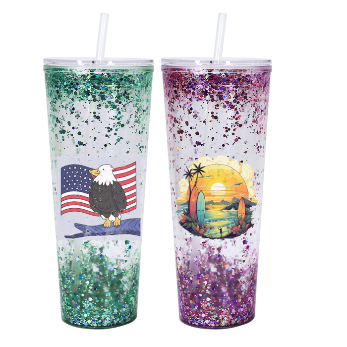 US warehosue 24oz Double Wall Acrylic Clear Snow Globe Plastic Cup Mixed Colored Lid+Straw