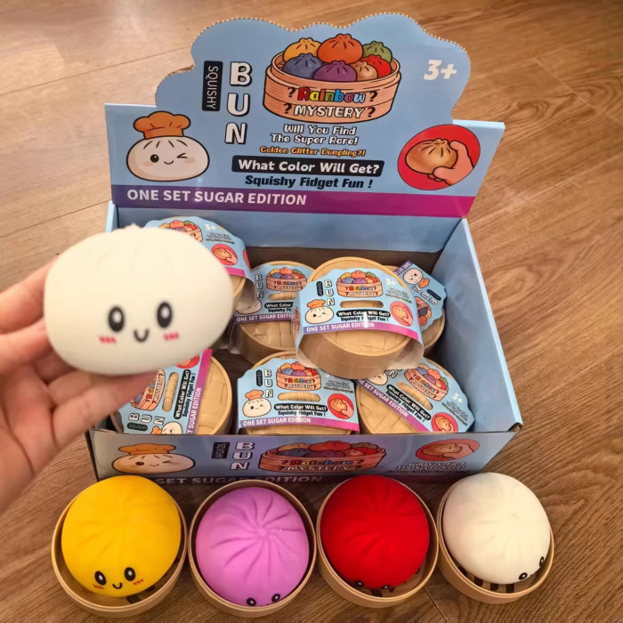China Warehouse 144pcs 3.35 inches TPR Bun mystery squishy dumplings with Steamer+disply box