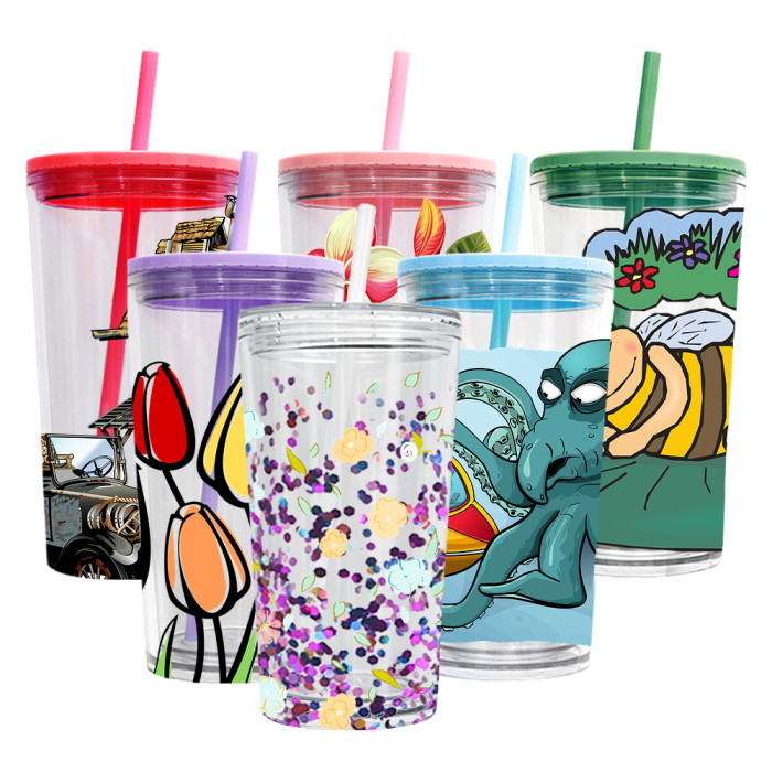 US warehosue Acrylic Plastic 16oz Double Wall Snow Globe Cup with Plugs,mixed colors lid