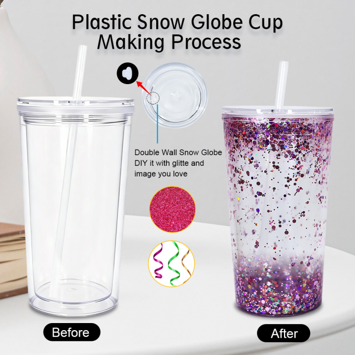 US warehosue Acrylic Plastic 16oz Double Wall Snow Globe Cup with Plugs,clear lid