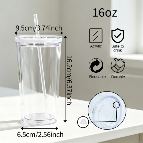 US warehosue Acrylic Plastic 16oz Double Wall Snow Globe Cup with Plugs,clear lid
