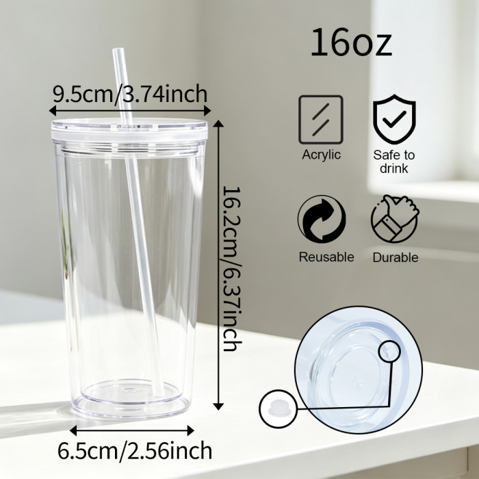 US warehosue Acrylic Plastic 16oz Double Wall Snow Globe Cup with Plugs,clear lid