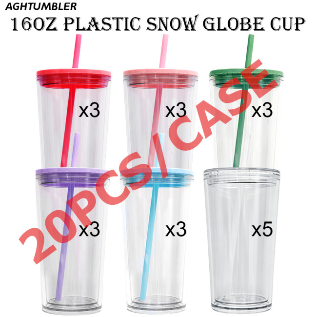 US warehosue Acrylic Plastic 16oz Double Wall Snow Globe Cup with Plugs,mixed colors lid
