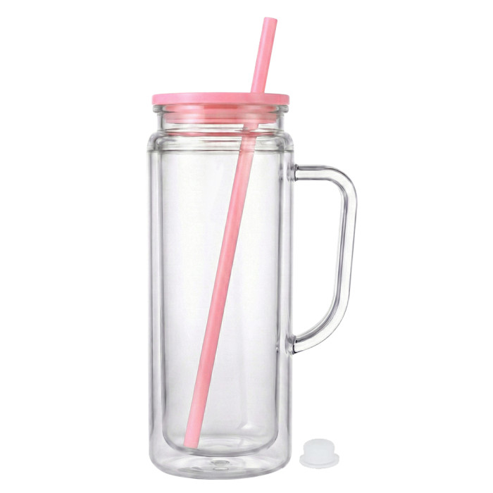 US warehosue Acrylic Plastic 20oz Double Wall Snow Globe Cup with handle&Plugs,mixed colored lid