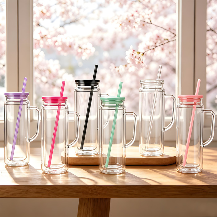 US warehosue Acrylic Plastic 20oz Double Wall Snow Globe Cup with handle&Plugs,mixed colored lid