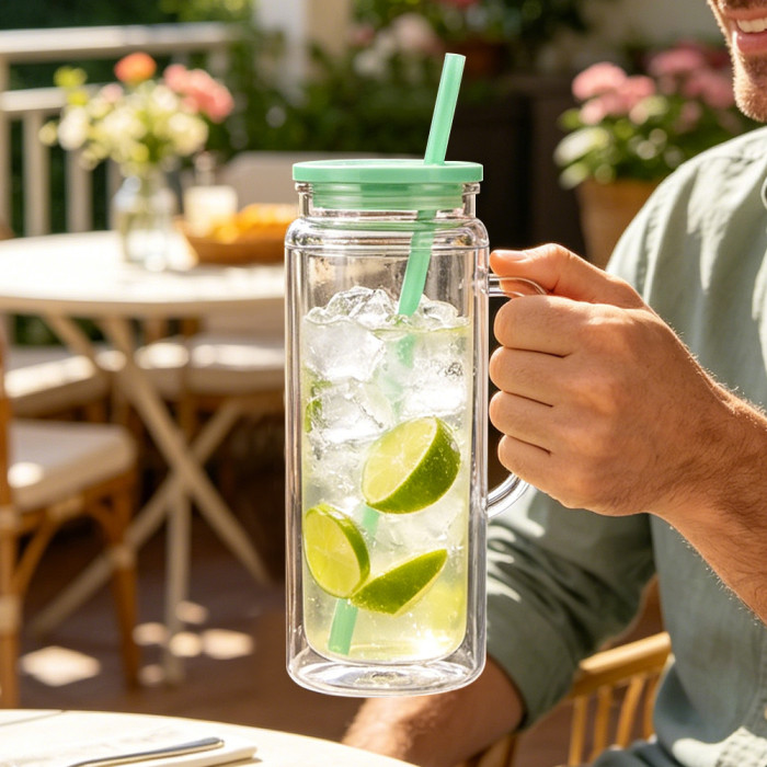 US warehosue Acrylic Plastic 20oz Double Wall Snow Globe Cup with handle&Plugs,mixed colored lid