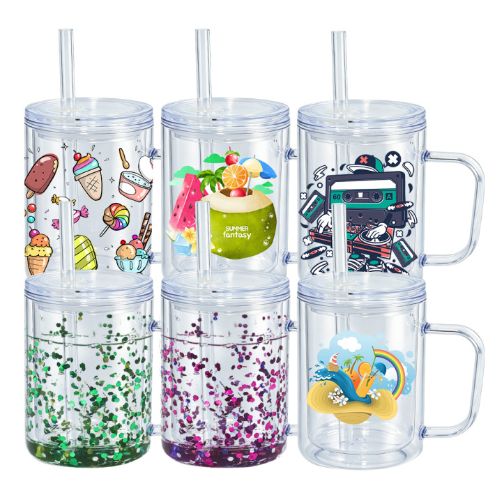 US warehosue Acrylic Plastic 17oz Double Wall Snow Globe Cup with Plugs,Inner Capacity is 12oz