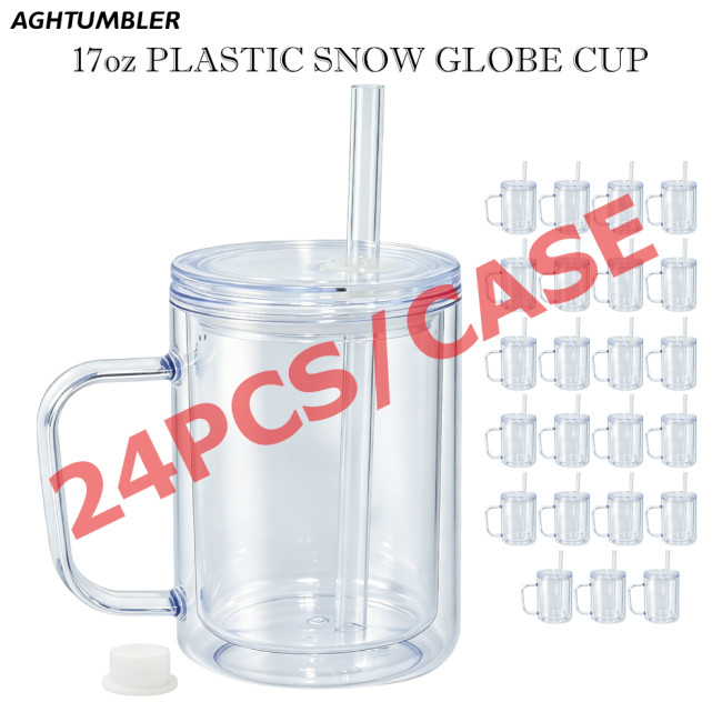 US warehosue Acrylic Plastic 17oz Double Wall Snow Globe Cup with Plugs,Inner Capacity is 12oz