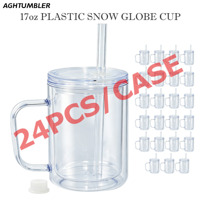 US warehosue Acrylic Plastic 17oz Double Wall Snow Globe Cup with Plugs,Inner Capacity is 12oz