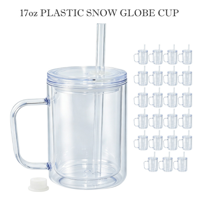US warehosue Acrylic Plastic 17oz Double Wall Snow Globe Cup with Plugs,Inner Capacity is 12oz