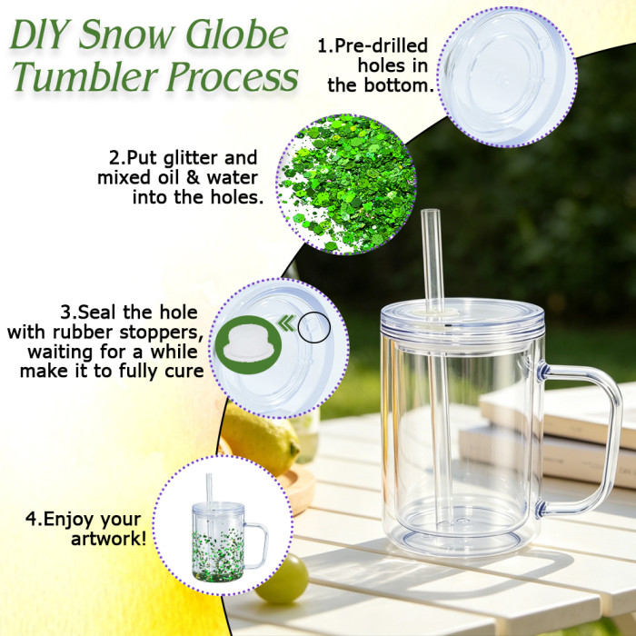 US warehosue Acrylic Plastic 17oz Double Wall Snow Globe Cup with Plugs,Inner Capacity is 12oz
