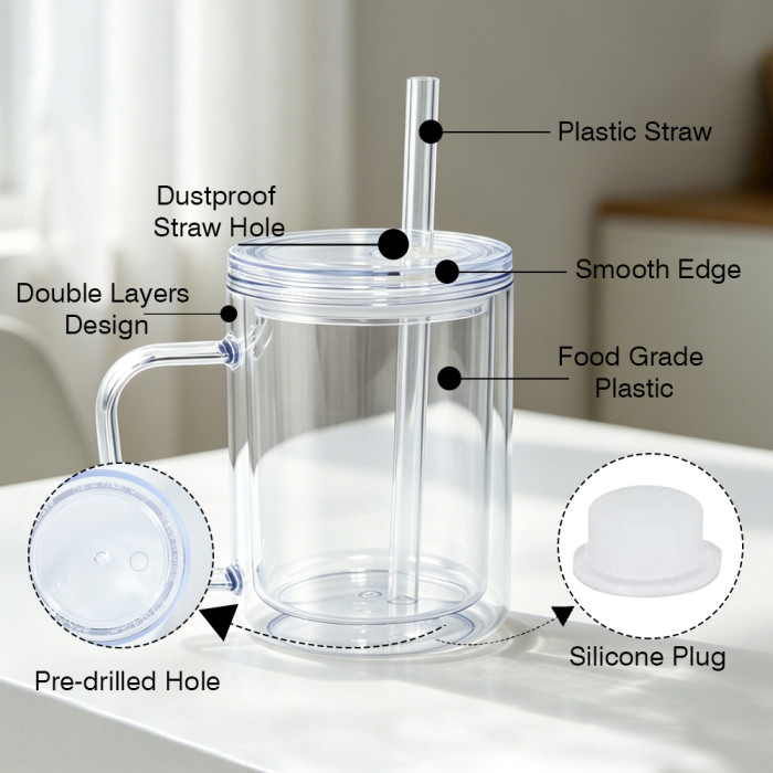 US warehosue Acrylic Plastic 17oz Double Wall Snow Globe Cup with Plugs,Inner Capacity is 12oz