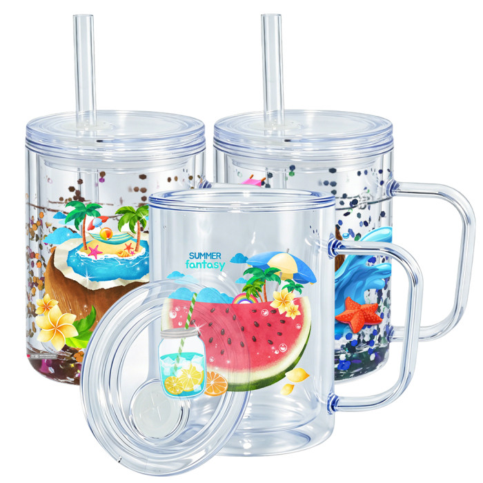 US warehosue Acrylic Plastic 17oz Double Wall Snow Globe Cup with Plugs,Inner Capacity is 12oz