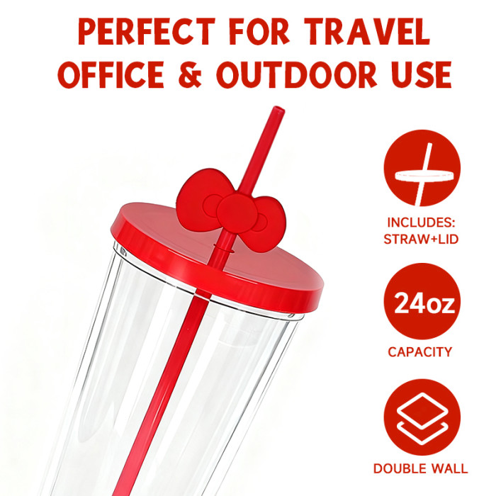 US warehosue 24oz Double Wall Acrylic Snow Globe Plastic Cup Pre-hole with plugs the Straw with Bowknot