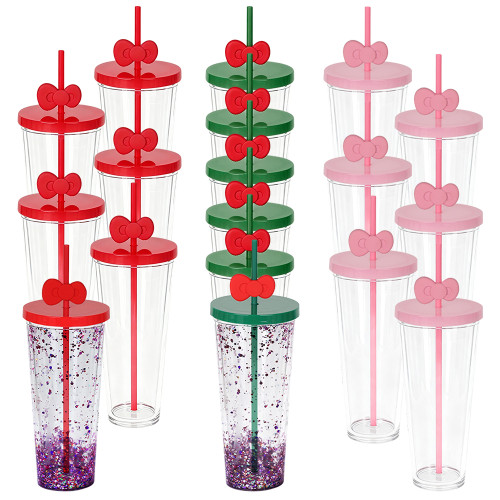 US warehosue 24oz Double Wall Acrylic Snow Globe Plastic Cup Pre-hole with plugs the Straw with Bowknot