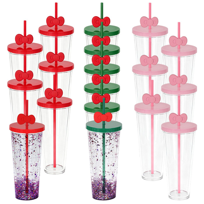 US warehosue 24oz Double Wall Acrylic Snow Globe Plastic Cup Pre-hole with plugs the Straw with Bowknot