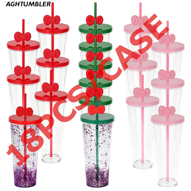 US warehosue 24oz Double Wall Acrylic Snow Globe Plastic Cup Pre-hole with plugs the Straw with Bowknot