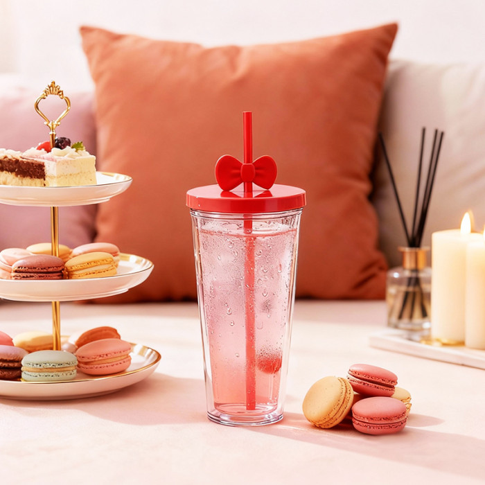 US warehosue 24oz Double Wall Acrylic Snow Globe Plastic Cup Pre-hole with plugs the Straw with Bowknot