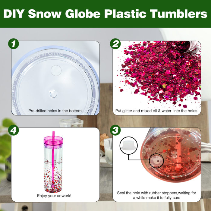 US Warehouse 16oz Double Wall clear Acrylic plastic snow globe Cup with colored lids ,pre-hole with plugs