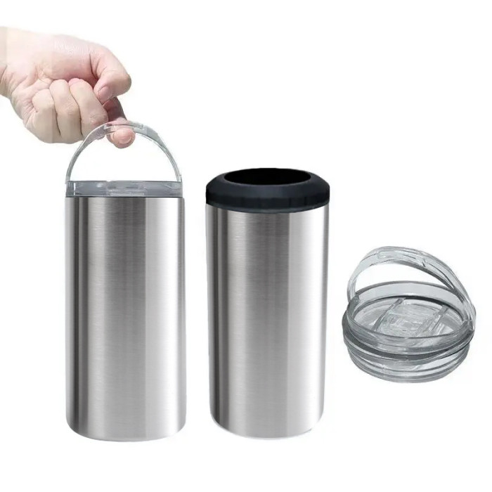 China Warehouse 16oz 4 in 1 sublimation straight can cooler with dual lids and plastic straw