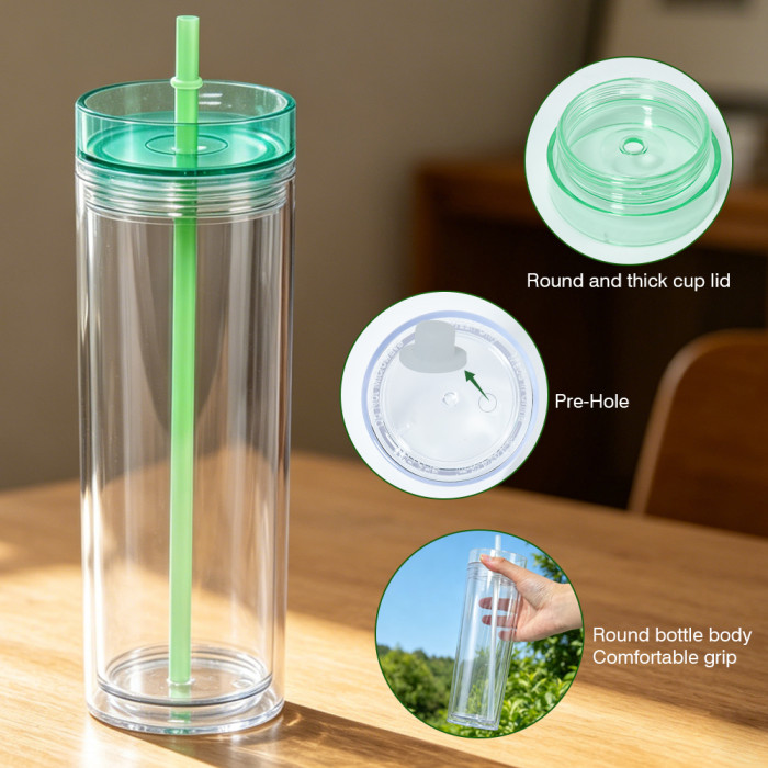 US Warehouse 16oz Double Wall clear Acrylic plastic snow globe Cup with colored lids ,pre-hole with plugs