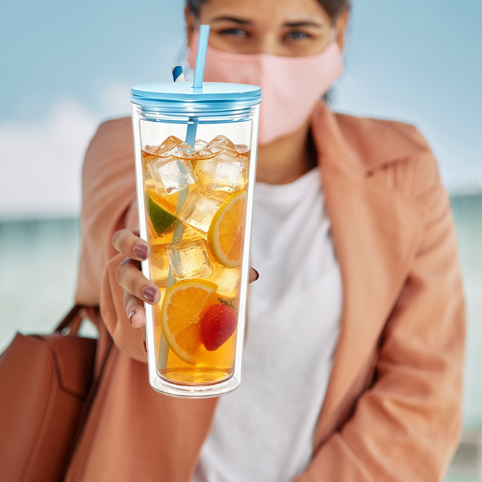 US warehosue 24oz Double Wall Acrylic Clear Snow Globe Plastic Cup Mixed Colored Lid+Straw