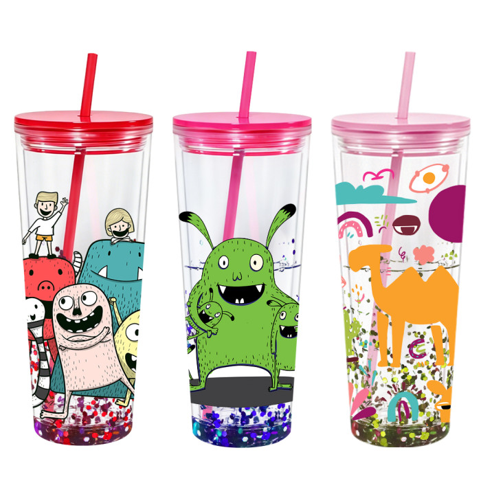 US warehosue 24oz Double Wall Acrylic Clear Snow Globe Plastic Cup Mixed Colored Lid+Straw