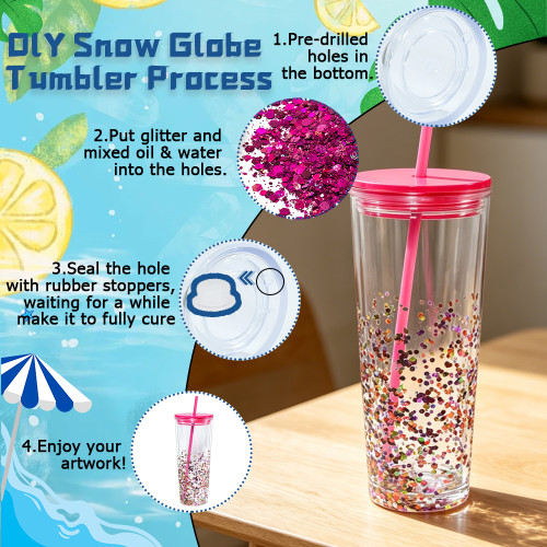 US warehosue 24oz Double Wall Acrylic Clear Snow Globe Plastic Cup Mixed Colored Lid+Straw