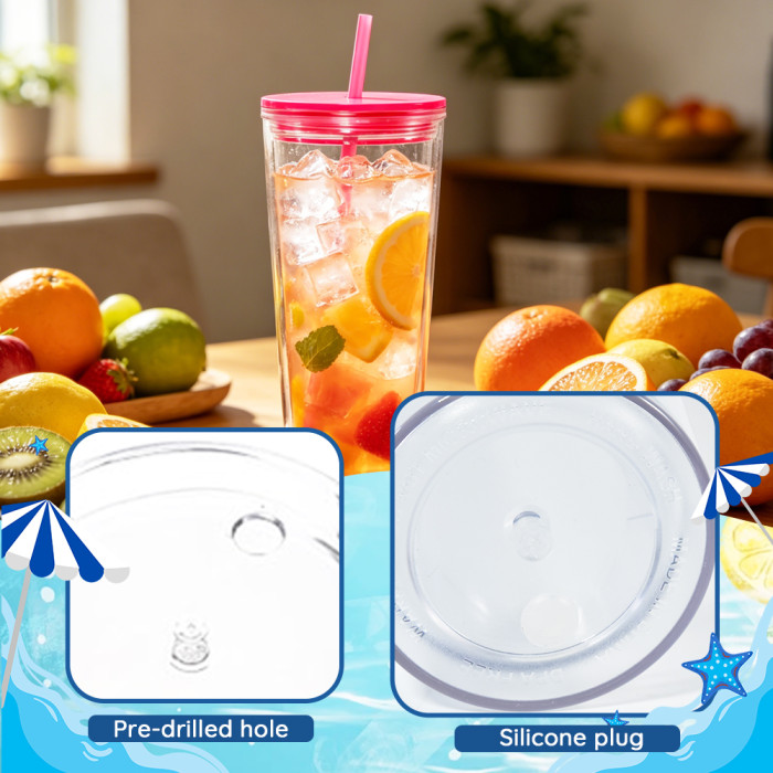 US warehosue 24oz Double Wall Acrylic Clear Snow Globe Plastic Cup Mixed Colored Lid+Straw