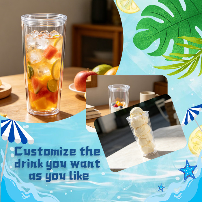 US warehosue 24oz Double Wall Acrylic Clear Snow Globe Plastic Cup Mixed Colored Lid+Straw