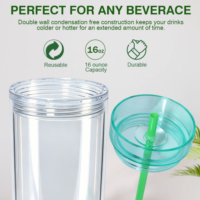 US Warehouse 16oz Double Wall clear Acrylic plastic snow globe Cup with colored lids ,pre-hole with plugs