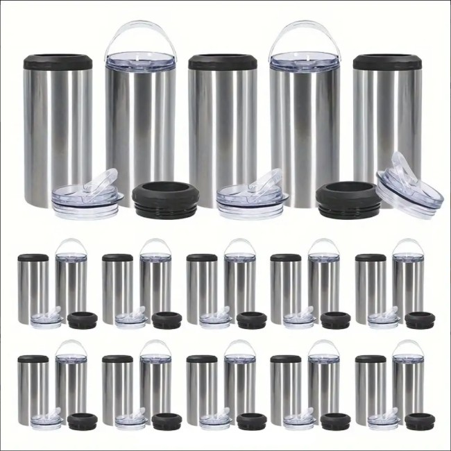 China Warehouse 16oz 4 in 1 sublimation straight can cooler with dual lids and plastic straw