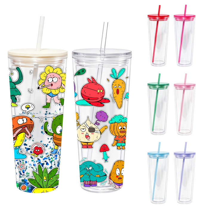 US warehosue 24oz Double Wall Acrylic Clear Snow Globe Plastic Cup Mixed Colored Lid+Straw