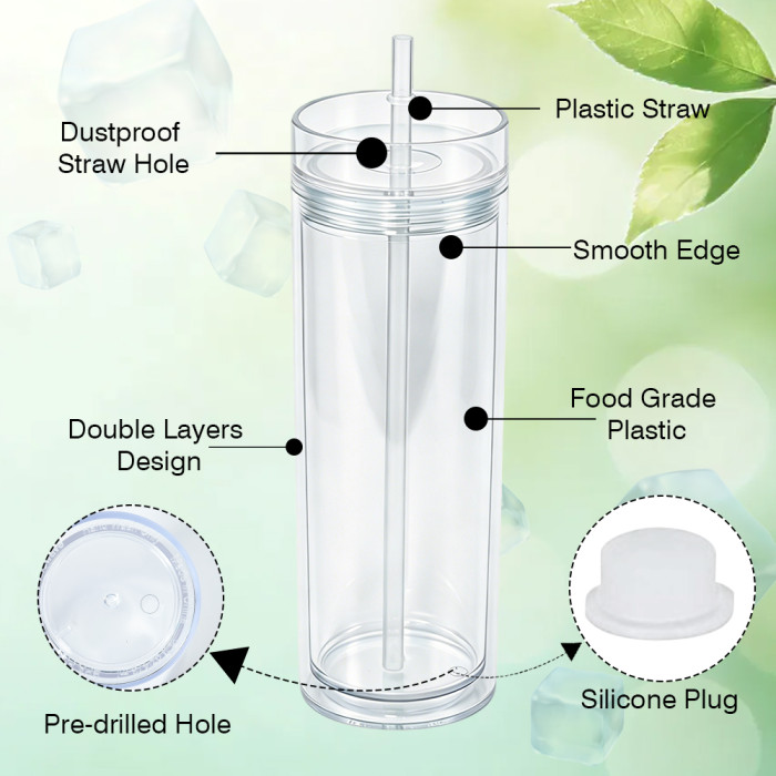 US Warehouse 16oz Double Wall clear Acrylic plastic snow globe Cup with clear lids ,pre-hole with plugs