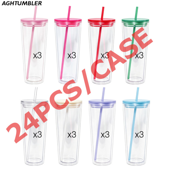 US warehosue 24oz Double Wall Acrylic Clear Snow Globe Plastic Cup Mixed Colored Lid+Straw