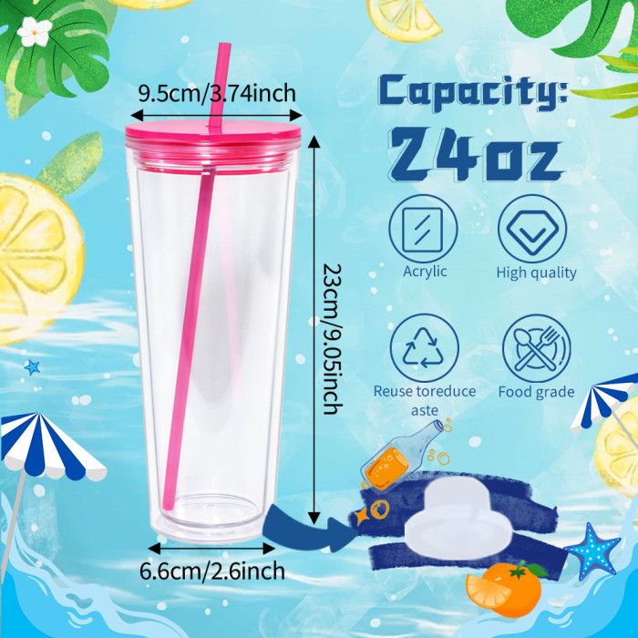US warehosue 24oz Double Wall Acrylic Clear Snow Globe Plastic Cup Mixed Colored Lid+Straw
