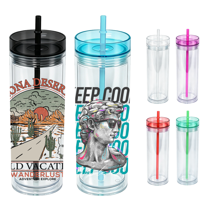 US Warehouse 16oz Double Wall clear Acrylic plastic snow globe Cup with colored lids ,pre-hole with plugs