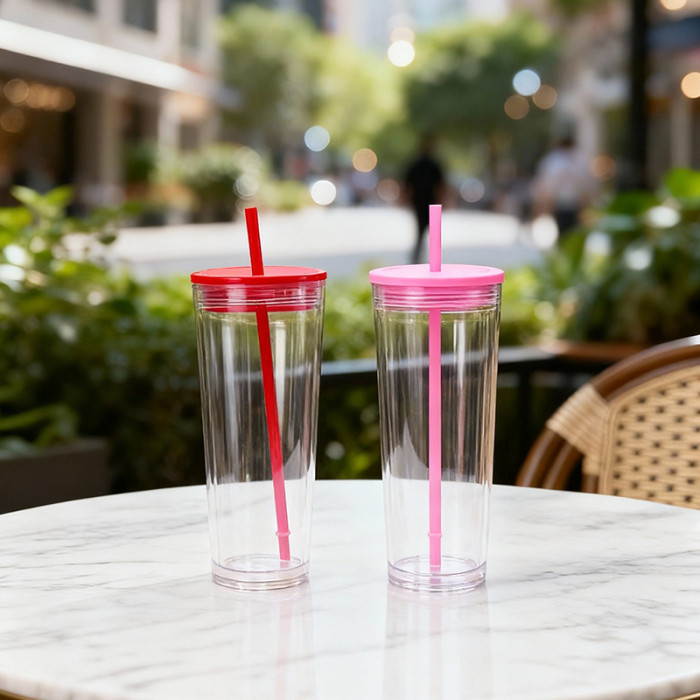 US warehosue 24oz Double Wall Acrylic Clear Snow Globe Plastic Cup Mixed Colored Lid+Straw